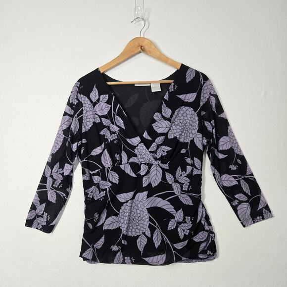 VTG Worthington Babydoll Top XL Black Purple Floral Surplice Neck Ruched Sides - Picture 14 of 14